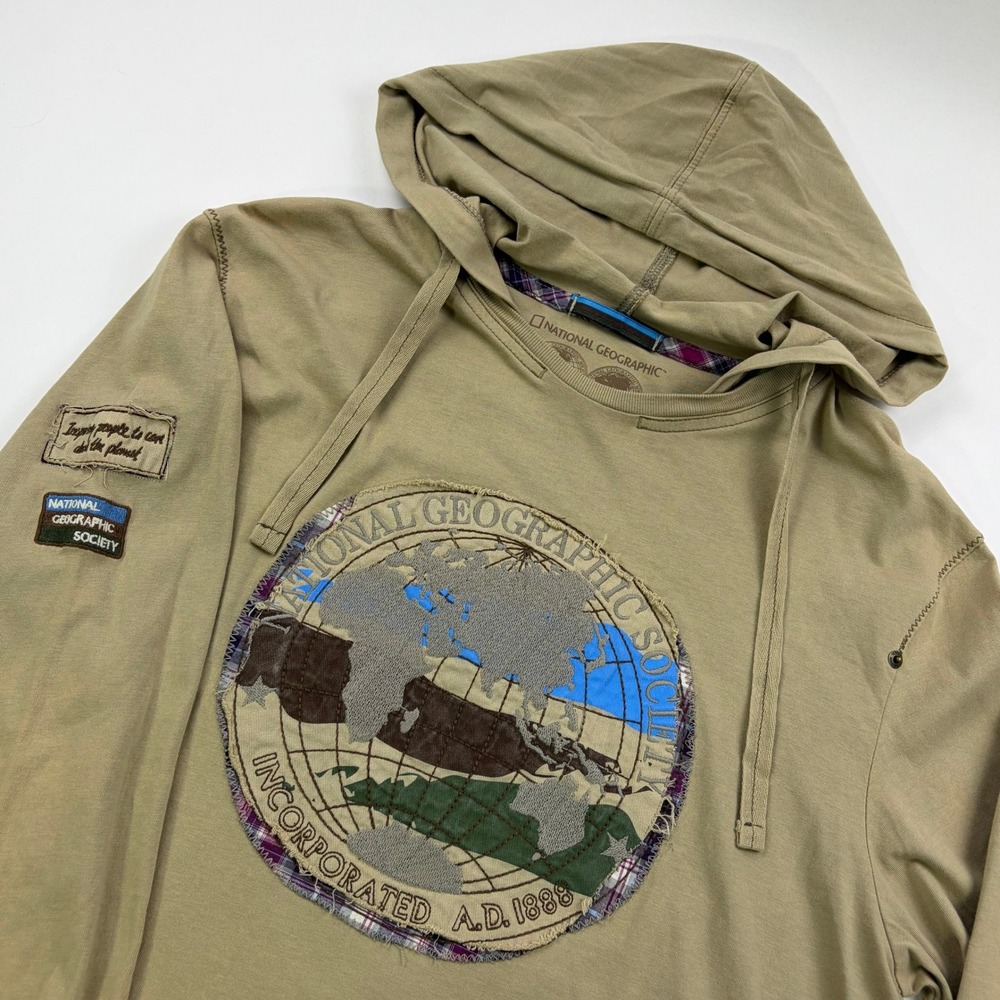 National Geographic Society Graphic Hoodie Mens Medium Tan Distressed Earthy